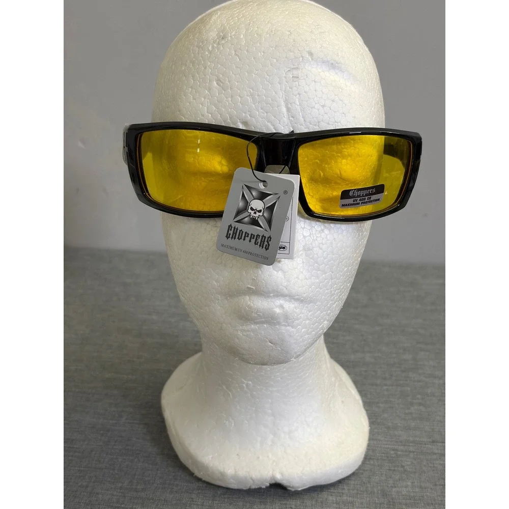 Choppers Sunglasses Mens OS Gloss Black Yellow Lens Biker Wrap UV400 8CP6778